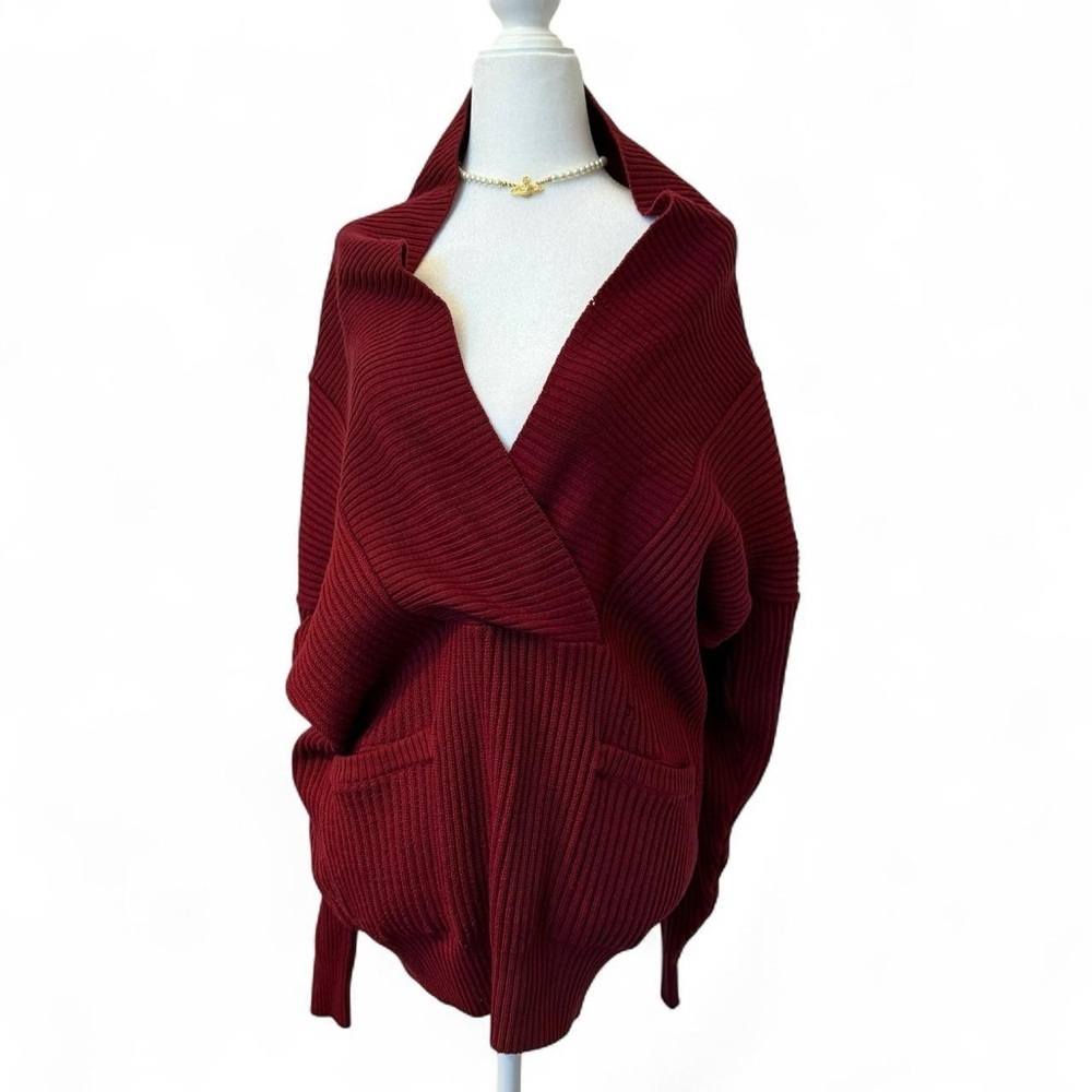 Oversized V-Neck Ribbed Cardigan Sweater - Burgundy